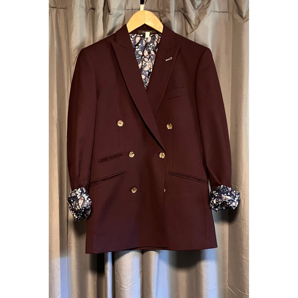 Indochino Double Breasted Blazer Mens 38 Burgundy Paisley Lining Peak Lapel